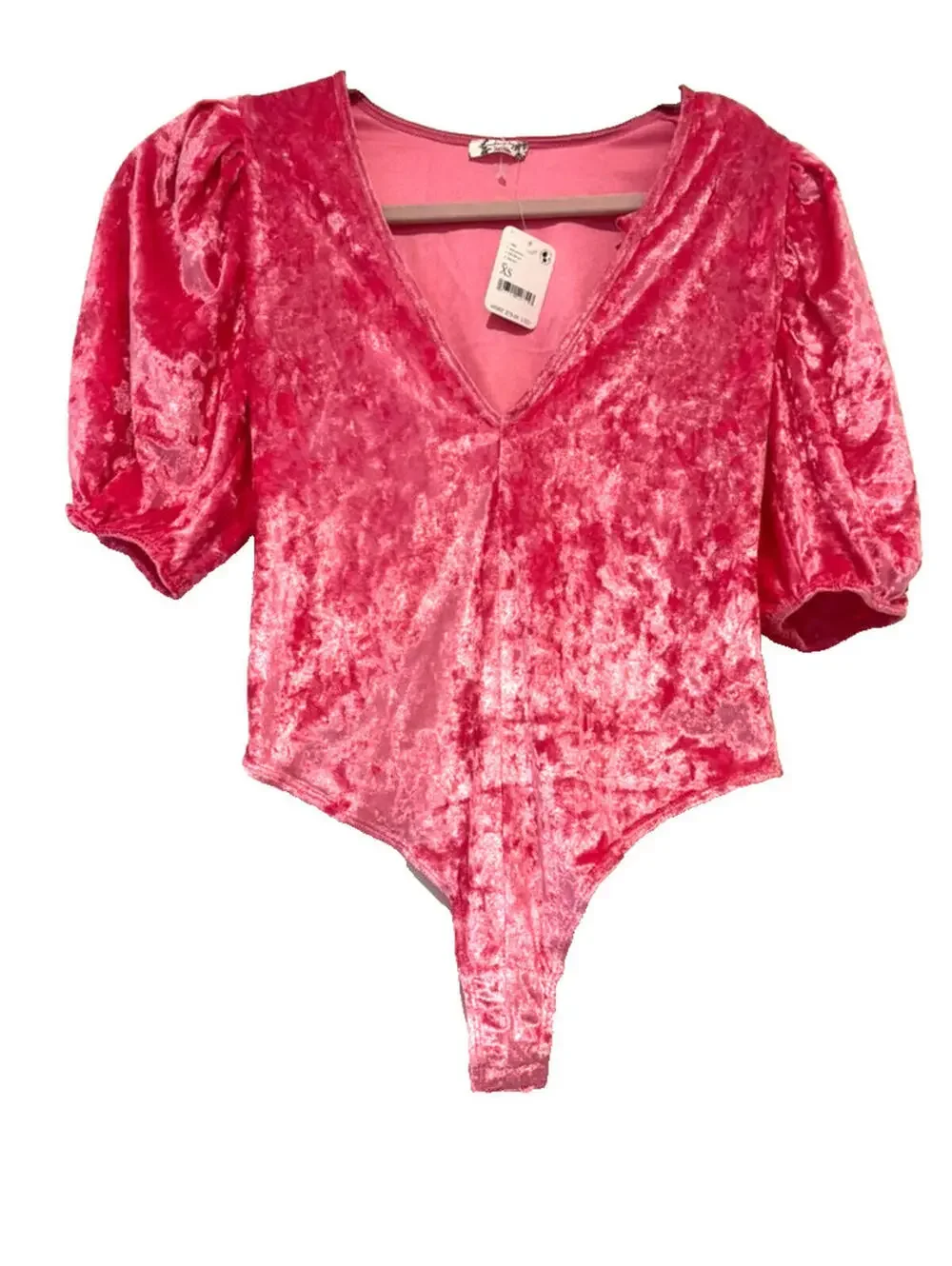 Free‎ People sz XS pink crushed velvet short sleeve stretch body suit D new tags